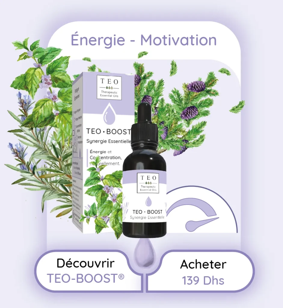 Synergie d'Huiles Essentielles BIO HECT. Formulée par des Pharmaciens. Énergie et Motivation naturellement grâce aux bioactifs des plantes médicinales aromatique. Aromathérapie au Maroc Efficace pour lutter contre : Fatigue, épuisement, epuisement, burnout, examen, epreuve sportive, sport, motivation, energie, énérgie, concentration, attention, étude Effet bénéfiques des huiles essentielles de la synergie : & Fatigue traitement naturel TEO-BOOST: Dynamisez votre journée avec TEO-BOOST, un concentré d'énergie sous forme d'huiles essentielles pour lutter contre la fatigue et augmenter la concentration. Parfait pour ceux qui cherchent à booster leur performance mentale et physique naturellement. "Revitalisez votre énergie physique et mentale avec TEO-BOOST, une synergie dynamisante d'Epinette Noire, Pin Sylvestre et Menthe Poivrée. Parfait pour les périodes de fatigue ou lors de préparation à des efforts intellectuels ou physiques, ce mélange tonifie et stimule votre concentration."