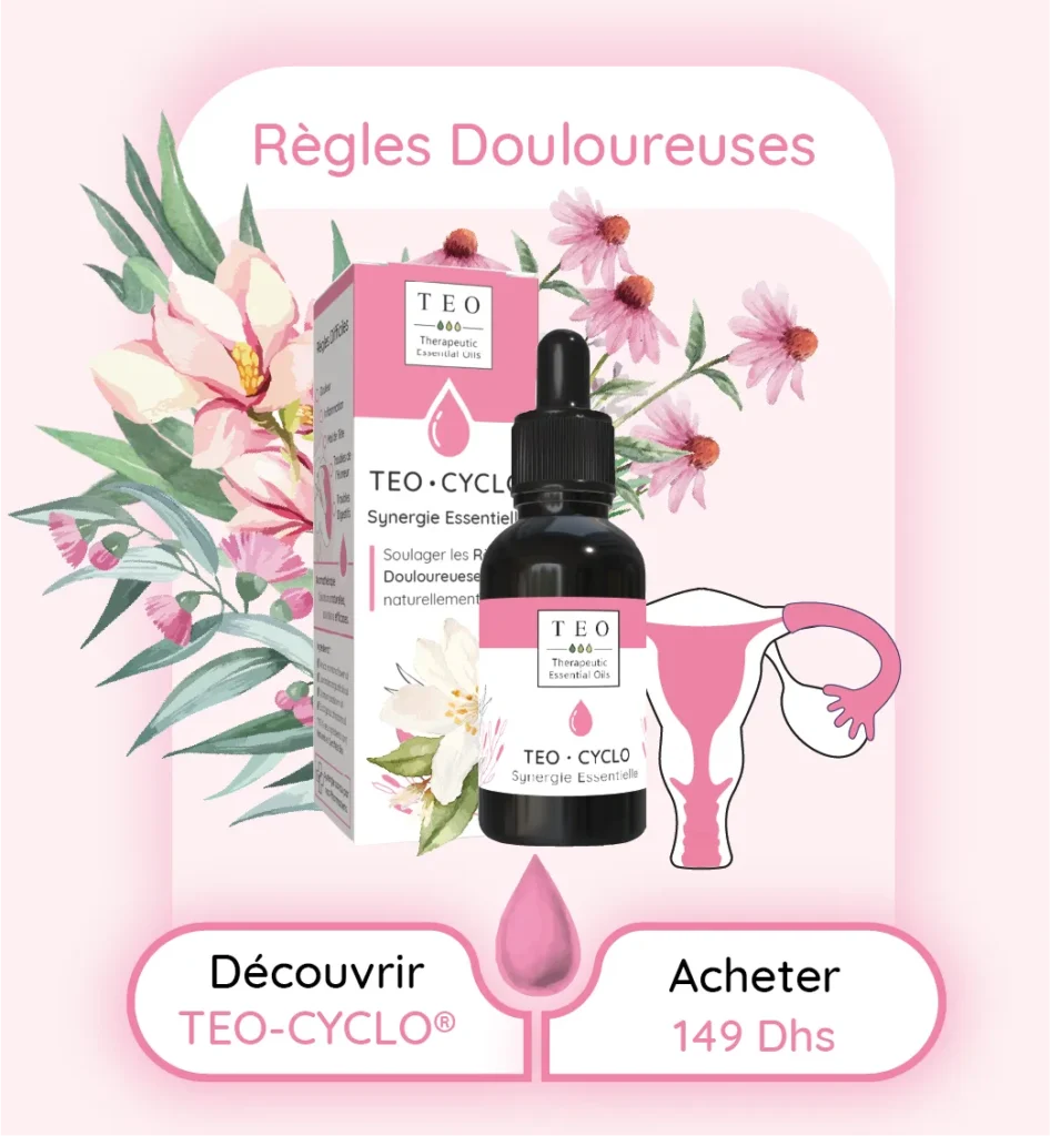 Synergie d'Huiles Essentielles BIO HECT. Formulée par des Pharmaciens. Soulagez la douleur des règles naturellement grâce aux bioactifs des plantes médicinales aromatique. Aromathérapie au Maroc Efficace pour lutter contre : Douleur, règles douloureuses, inflammations, crampe, spasmes, Effet bénéfiques des huiles essentielles de la synergie : & règles traitement naturel TEO-CYCLO: Soulagez les douleurs menstruelles avec TEO-CYCLO, une formulation d'huiles essentielles spécialement élaborée pour apporter un confort naturel durant les périodes difficiles. Ses propriétés calmantes et anti-inflammatoires garantissent un soulagement efficace et rapide. "Soulagez les douleurs menstruelles avec TEO-CYCLO, une formule spécifique de Lavande, Basilic Tropical et Eucalyptus Citronné qui agit comme un puissant antalgique naturel. Cette synergie aide à détendre les muscles et apaise les troubles digestifs et émotionnels associés aux règles."