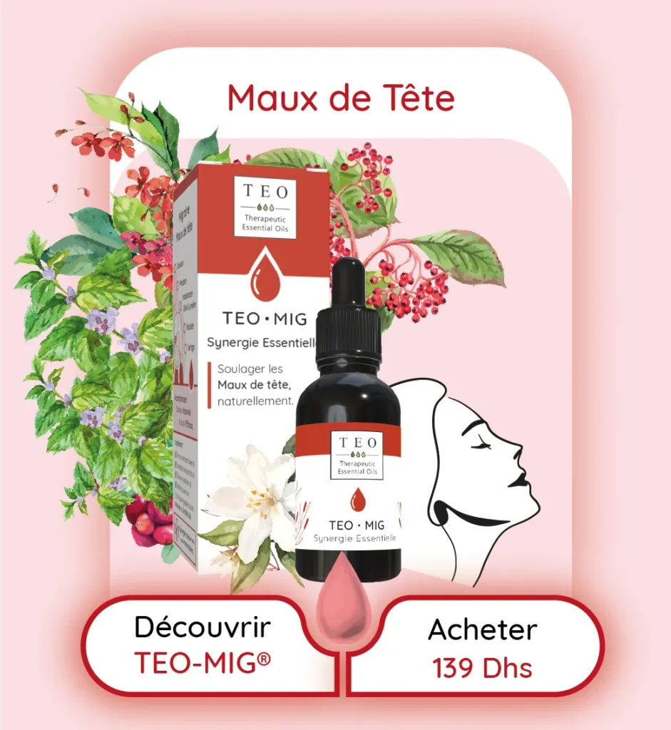 Synergie d'Huiles Essentielles BIO HECT. Formulée par des Pharmaciens. Soulagez la Migraine naturellement grâce aux bioactifs des plantes médicinales aromatique. Aromathérapie au Maroc Efficace pour lutter contre : Mal de tête, maux de tête, migraine, céphalée Effet bénéfiques des huiles essentielles de la synergie : & migraine traitement naturel TEO-MIG: Combattez les migraines et les maux de tête avec TEO-MIG, une synergie puissante d'huiles essentielles connues pour leurs propriétés analgésiques et relaxantes. Obtenez un soulagement rapide et naturel sans les effets secondaires des médicaments traditionnels. "Libérez-vous des migraines et maux de tête avec TEO-MIG, un traitement naturel à base de Lavande, Basilic Tropical et Menthe Poivrée. Cette synergie offre un soulagement rapide des douleurs et symptômes associés, tels que la nausée et la sensibilité à la lumière."