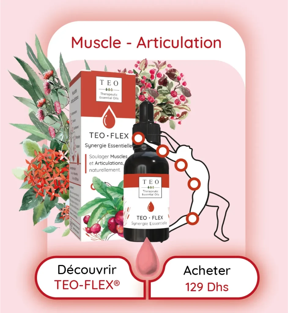 Synergie d'Huiles Essentielles BIO HECT. Formulée par des Pharmaciens. Soulagez Muscles et Articulations naturellement grâce aux bioactifs des plantes médicinales aromatique. Aromathérapie au Maroc Efficace pour lutter contre : Douleurs musculaire et articulaires telles que l’arthrose, l’arthrite, la tendinite, le lumbago, la sciatique, les contractures, courbature, rhumatisme Effet bénéfiques des huiles essentielles de la synergie : & Muscle Articulation traitement naturel TEO-FLEX: Réduisez les douleurs musculaires et articulaires efficacement avec TEO-FLEX. Ce mélange d'huiles essentielles cible l'inflammation et la douleur, offrant un soulagement naturel pour une mobilité améliorée. "Réduisez vos douleurs musculaires et articulaires avec TEO-FLEX, un mélange d'huiles essentielles de Gaulthérie, Eucalyptus Citronné et Lavande Aspic, conçu pour soulager l'inflammation et la douleur. Idéal pour ceux qui souffrent d'arthrose, arthrite ou de toute forme de douleur musculo-squelettique."