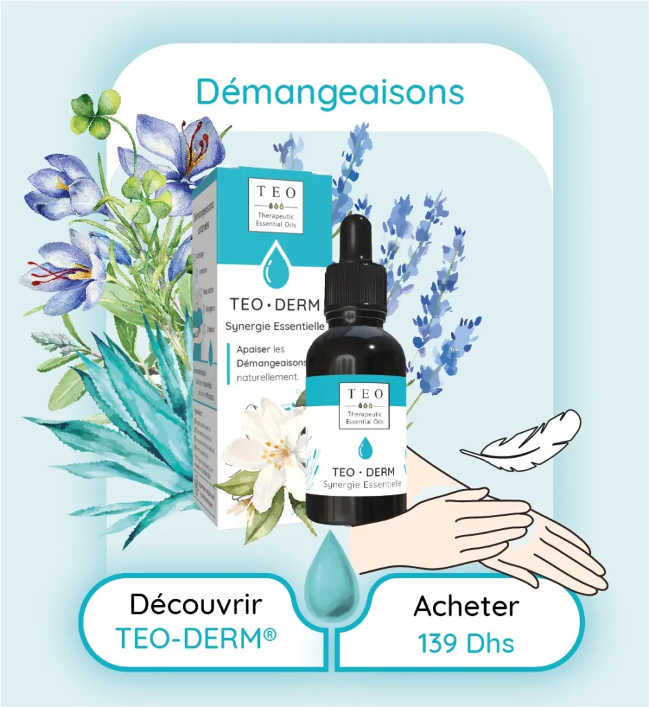 Synergie d'Huiles Essentielles BIO HECT. Formulée par des Pharmaciens. Calmer les Démangeaisons cutanées naturellement grâce aux bioactifs des plantes médicinales aromatique. Aromathérapie au Maroc Efficace pour lutter contre : Démangeaiosn,s urticaire, mycose, eczéma, psoriasis, allergie Effet bénéfiques des huiles essentielles de la synergie : anti-histaminique, antiallergique, apaisant, cicatrisant, nourissant, antibactérien, antifongique, demangeaisons traitement naturel TEO-DERM: Apaisez votre peau avec TEO-DERM, notre mélange d'huiles essentielles conçu pour traiter les démangeaisons cutanées, l'eczéma et d'autres irritations de la peau. Offrez-vous une solution naturelle et douce pour une peau saine et apaisée. "Apaisez votre peau avec TEO-DERM, un mélange spécial de Camomille Matricaire, Lavande Aspic, Menthe Poivrée et huile de Nigelle, idéal pour traiter les démangeaisons cutanées et les inflammations comme l'eczéma et le psoriasis. Cette formule cicatrisante et anti-inflammatoire procure un soulagement rapide et nourrit votre peau.