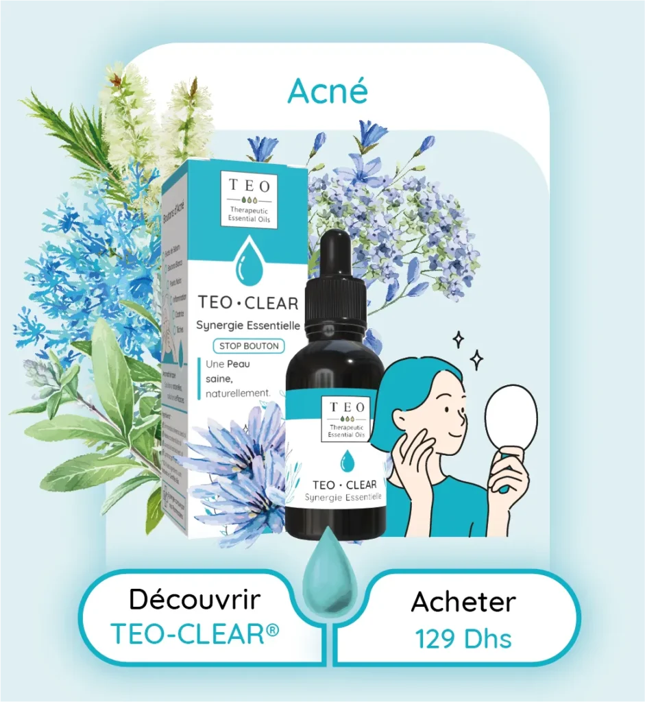 Synergie d'Huiles Essentielles BIO HECT. Formulée par des Pharmaciens. Eliminez Boutons et Acné naturellement grâce aux bioactifs des plantes médicinales aromatique. Aromathérapie au Maroc Efficace pour lutter contre : Bouton, acné, pustule, points noirs Effet bénéfiques des huiles essentielles de la synergie : antibactérien, antifongique, cicatrisant, régulateur de sébum, séborégulateur, acné traitement naturel, bouton traitement naturel TEO-CLEAR: Clarifiez votre peau avec TEO-CLEAR, spécialement formulé pour lutter contre l'acné et les impuretés. Cette synergie d'huiles essentielles nettoie et réduit les inflammations, laissant votre peau nette et éclatante. "Clarifiez et purifiez votre peau avec TEO-CLEAR, une synergie de Tea Tree, Lavande Aspic et Palmarosa, conçue pour cibler et réduire les boutons d'acné. Cette formule aide à réguler la sécrétion de sébum, désobstruer les pores et promouvoir une peau saine et éclatante.