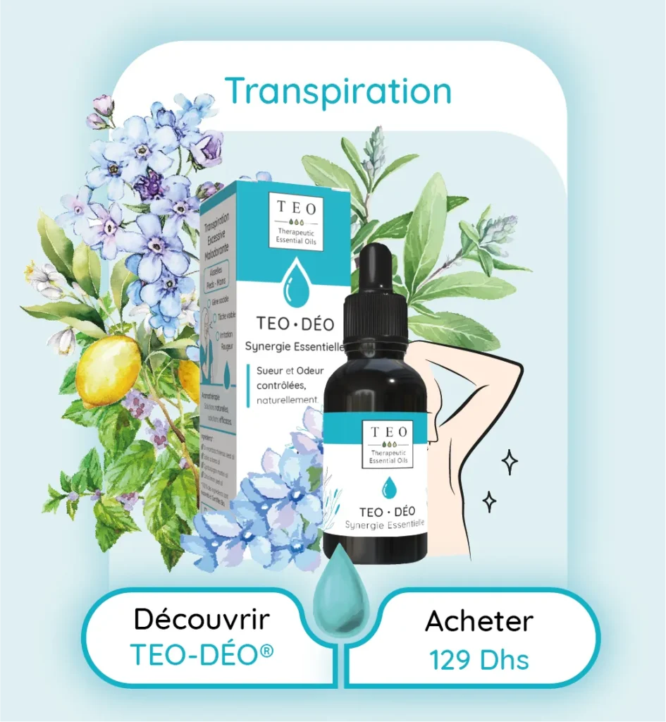 Synergie d'Huiles Essentielles BIO HECT. Formulée par des Pharmaciens. Contrôlez transpiration et mauvaise odeur naturellement grâce aux bioactifs des plantes médicinales aromatique. Aromathérapie au Maroc Efficace pour lutter contre : Transpiration, hyperidrose, mauvaise odeur, pieds, mains moite, bactérie, champignons, mycose, irritation Effet bénéfiques des huiles essentielles de la synergie : antitranspirant, déodorant, antibactérien, antofongique déodorant naturel TEO-DÉO: Contrôlez la transpiration excessive et les odeurs désagréables avec notre synergie TEO-DÉO. Une combinaison de Palmarosa, Sauge Sclarée et Citron Jaune. Conçu pour offrir une protection naturelle et durable, ce mélange d'huiles essentielles régule la transpiration sans bloquer les pores, assurant une fraîcheur tout au long de la journée. Son pouvoir Antibactérien et antifongique empêche la prolifération des microbes responsables des mauvaises odeurs