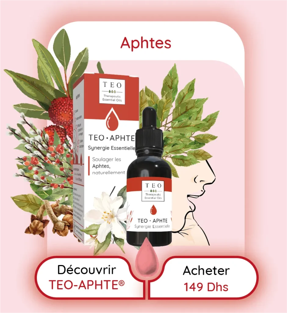 Synergie d'Huiles Essentielles BIO HECT. Formulée par des Pharmaciens. & naturellement grâce aux bioactifs des plantes médicinales aromatique. Aromathérapie au Maroc Efficace pour lutter contre : Aphte, abcès buccal, douleur dentaire, dent, rage de dent, carie, gingivite, stomatite, inflammation, ulcération, lésion Effet bénéfiques des huiles essentielles de la synergie : & aphte traitement naturel TEO-APHTE: Apaisez rapidement les aphtes buccaux avec notre synergie TEO-APHTE. Les huiles essentielles sélectionnées offrent une solution naturelle pour soulager la douleur et accélérer la guérison, tout en gardant votre bouche fraîche et saine. "Traitez les aphtes buccaux de manière naturelle avec TEO-APHTE, un mélange cicatrisant de Laurier Noble, Lavande Aspic et Girofle. Ce remède apaise la douleur, réduit l'inflammation et accélère la guérison des ulcérations buccales."